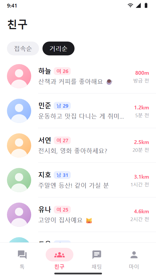 친구 화면: 거리순으로 정렬된 주변 사람 목록